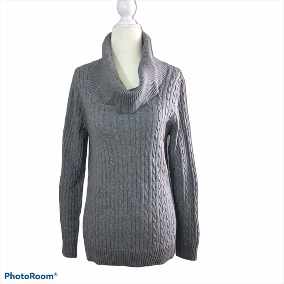 PRIA Gray Cotton Cable Knit Cowl Neck Long Sleeve Pullover Sweater - Picture 1 of 7
